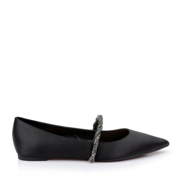 BADGLEY MISCHKA JEWEL Vana Pointed Flats + Crystal Straps in  Black Satin Size 5 - Picture 2 of 8